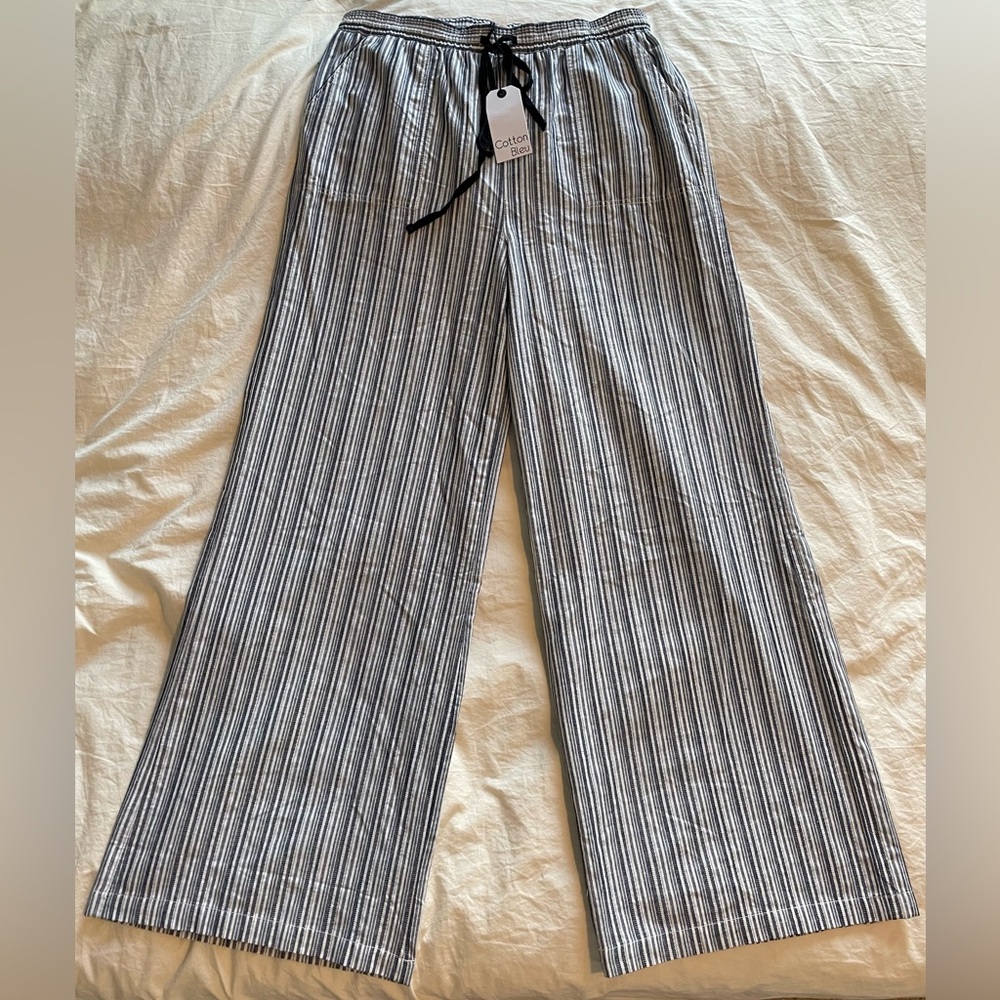 NWT! COTTON BLEU by NU LABEL Wide Leg Long Pants-Navy/Grey Stripes-Ladies Size L